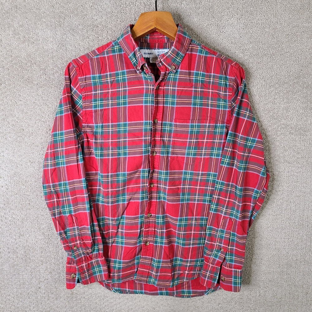 Old Navy Shirt Men S Red Green Plaid Slim Fit Button Up Cotton Blend Long Sleeve